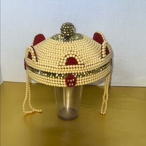 Embellished Ivory Beaded Men's Hat with Red Accents
